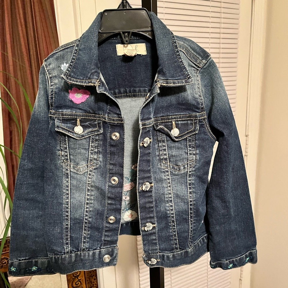 PEEK PRE-LOVED LITTLE GIRL FLORAL & BUTTERFLY EMBROIDERED DENIM JACKET